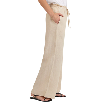 RUFFLE WAIST WIDE LEG PANT LINEN SAND