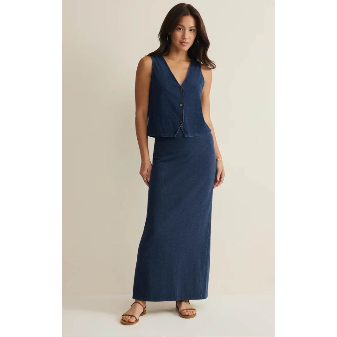 GAIL JERSEY DENIM MIDI SKIRT INDIGO