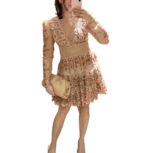 FLORAL EMBROIDERED TULLE DRESS MAUVE
