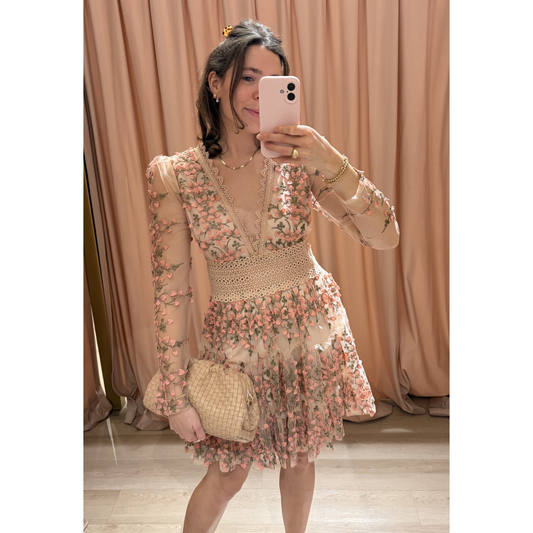 FLORAL EMBROIDERED TULLE DRESS MAUVE