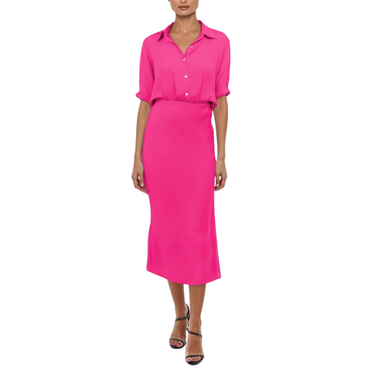 BELLA BUTTON UP MIDI SHIRT DRESS HOT PINK