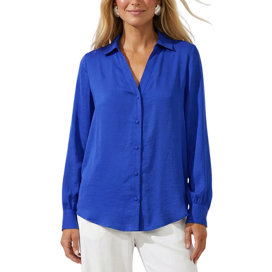 CLASSIC V-NECK BUTTON BLOUSE CAPRI BLUE