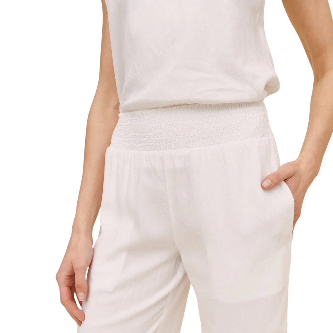 SMOCKED WAIST WIDE LEG PANT WHITE