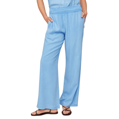 SMOCKED WAIST WIDE LEG PANT TIDAL BLUE