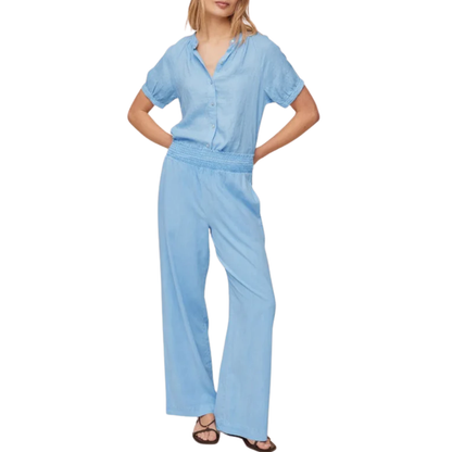 SMOCKED WAIST WIDE LEG PANT TIDAL BLUE
