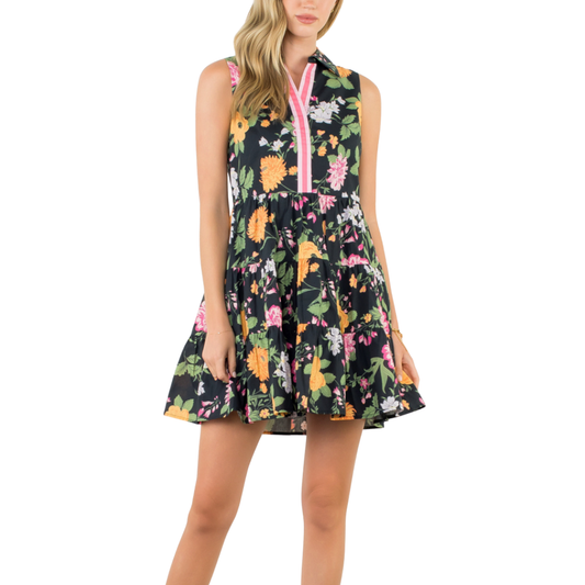 SLEEVELESS TIERED FLORAL DRESS BLACK