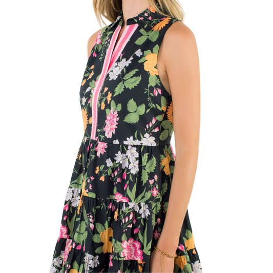 SLEEVELESS TIERED FLORAL DRESS BLACK