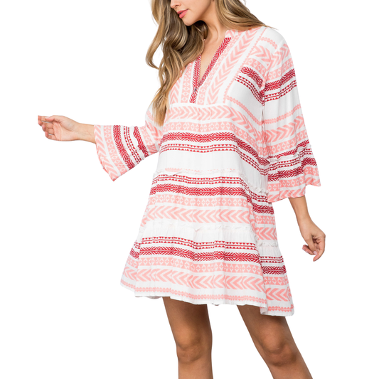 BELL SLEEVE PATTERN DRESS PINK