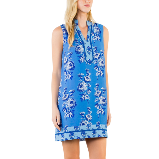 BLUE SLEEVELESS FLORAL PRINT DRESS