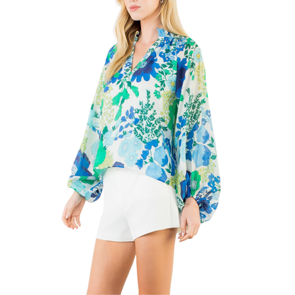 BLUE FLORAL PRINT LONG SLEEVE TOP