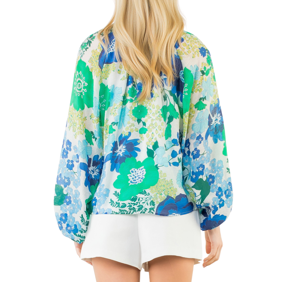 BLUE FLORAL PRINT LONG SLEEVE TOP