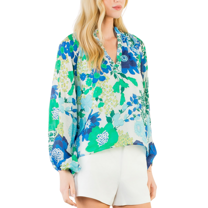 BLUE FLORAL PRINT LONG SLEEVE TOP