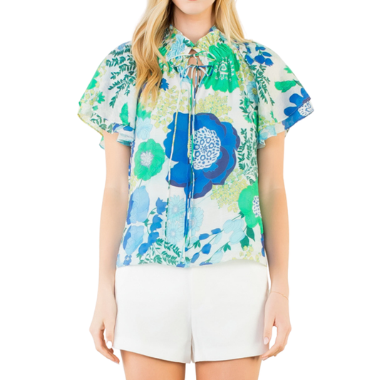 BLUE FLORAL PRINT SHORT SLEEVE TOP WITH TIE