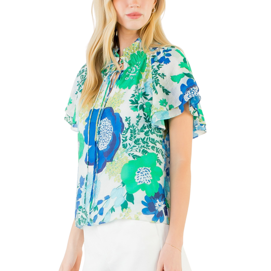 BLUE FLORAL PRINT SHORT SLEEVE TOP WITH TIE