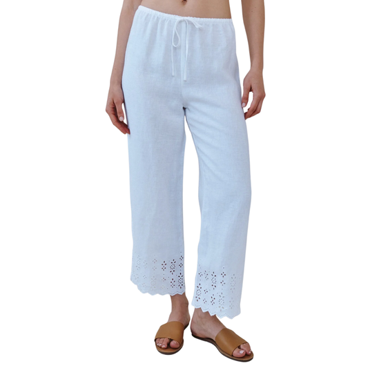 BEACH CROP PANT WITH EMBROIDERED HEM WHITE