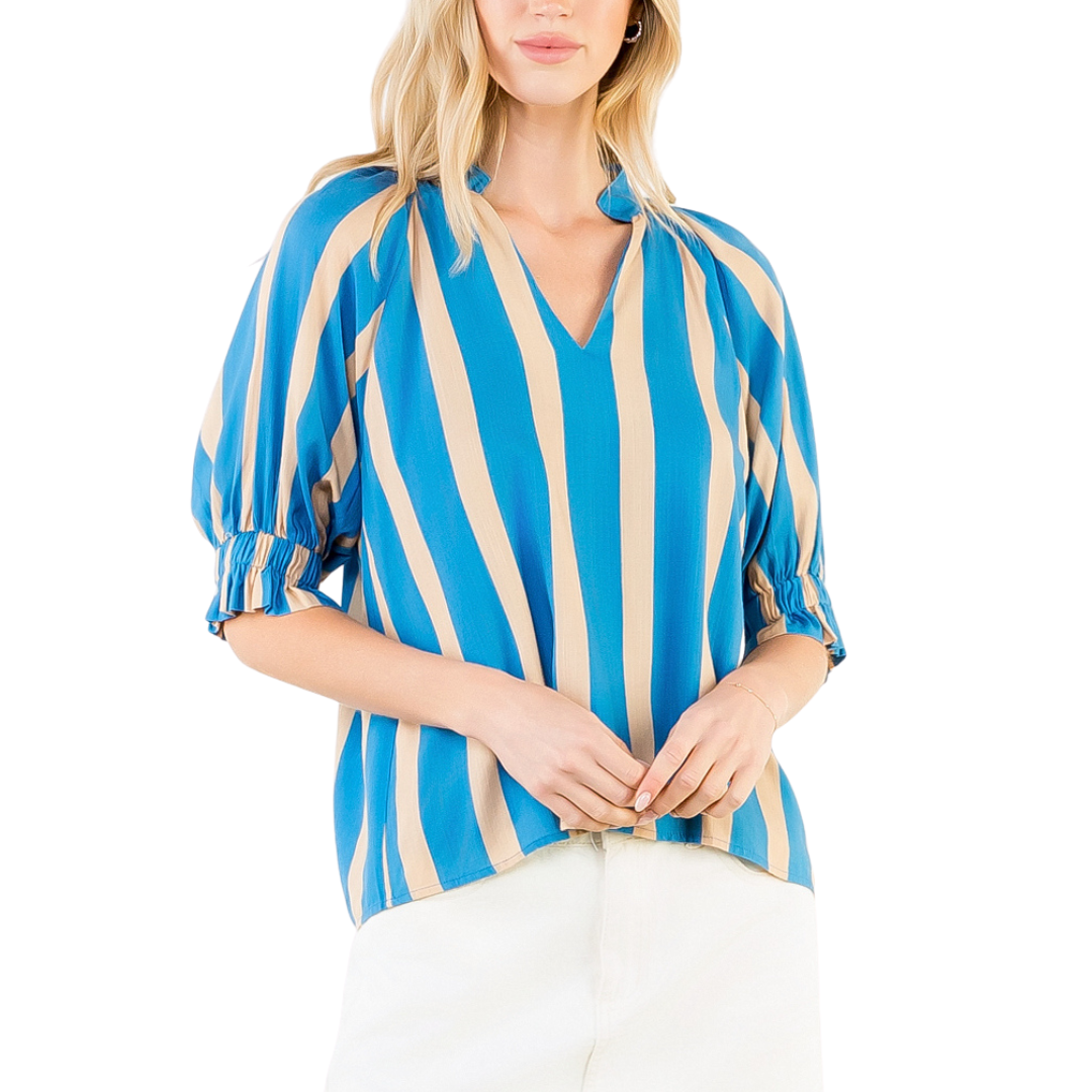 STRIPED V-NECK TOP BLUE/CAMEL