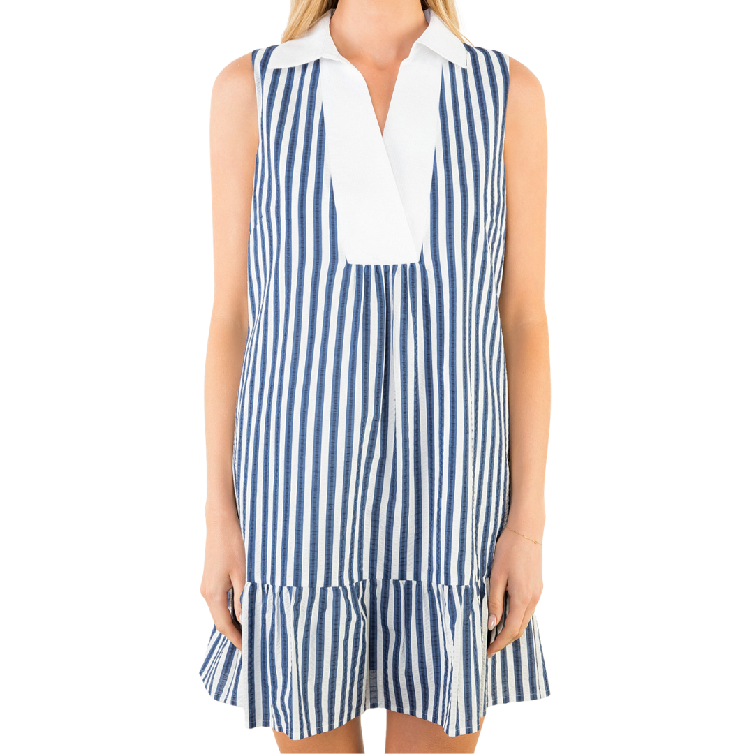 STRIPE COLLARED TIERED DRESS BLUE