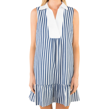 STRIPE COLLARED TIERED DRESS BLUE