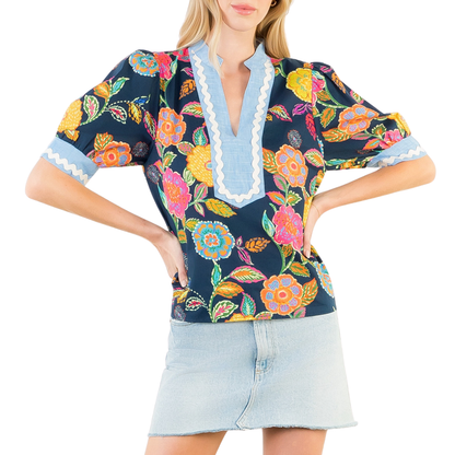 FLORAL V-NECK TOP NAVY MULTI