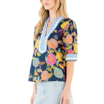 FLORAL V-NECK TOP NAVY MULTI