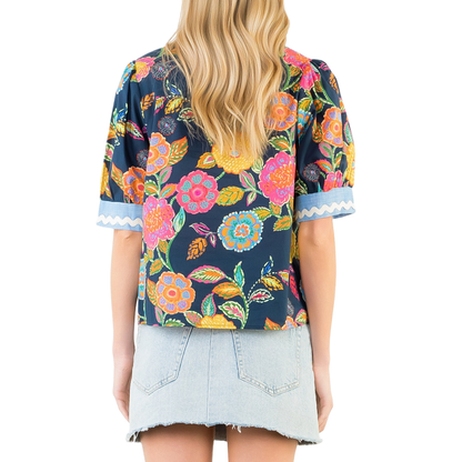 FLORAL V-NECK TOP NAVY MULTI