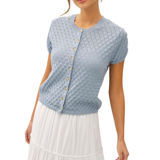 POINTELLE STITCH CARDIGAN DUSTY BLUE
