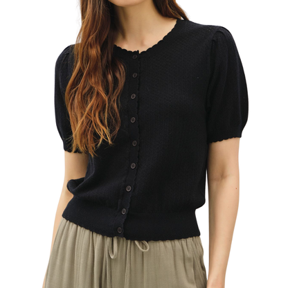 POINTELLE SHORT SLEEVE CARDIGAN BLACK