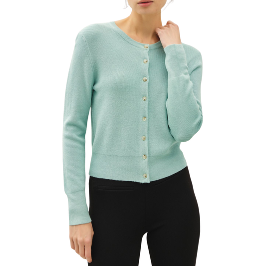 RIBBED CREWNECK CARDIGAN SEAFOAM