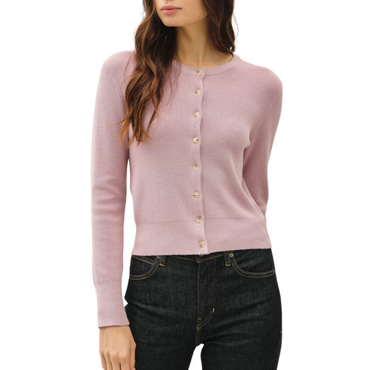 RIBBED CREWNECK CARDIGAN DUSTYPINK