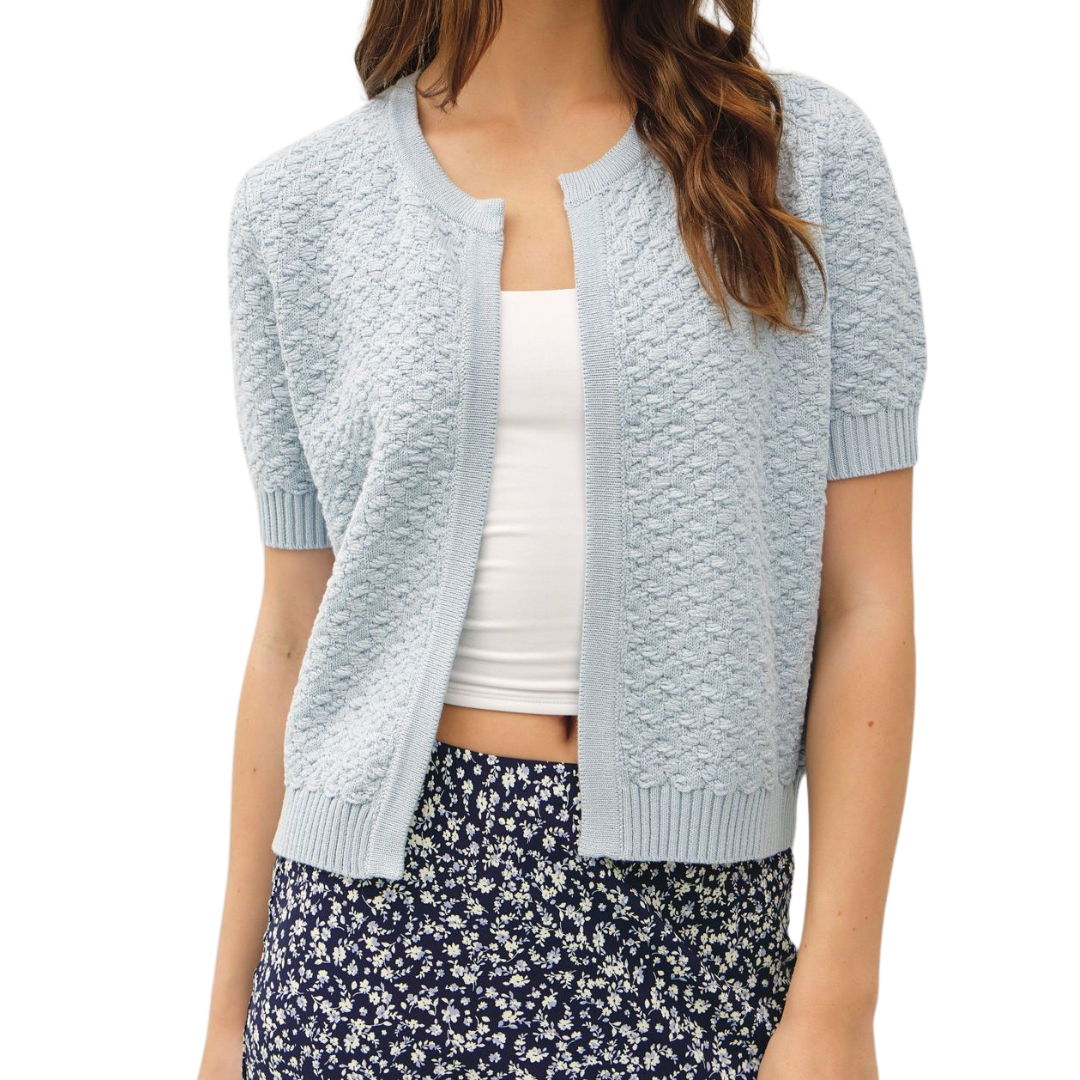 TEXTURED SHORT SLEEVE CARDIGAN LIGHT BLUE