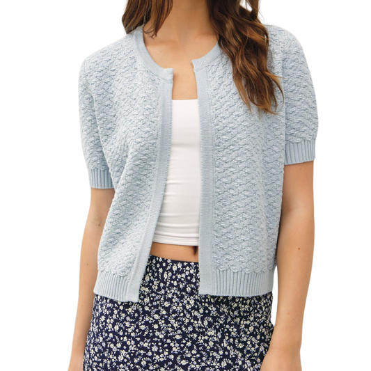 TEXTURED SHORT SLEEVE CARDIGAN LIGHT BLUE