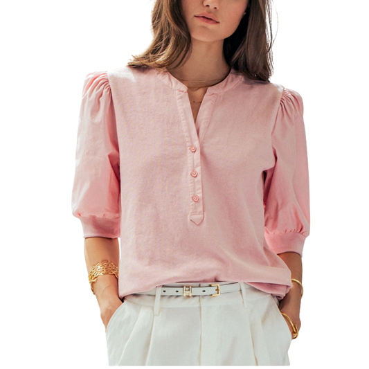 PUFF SLEEVE HENLEY TOP PINK