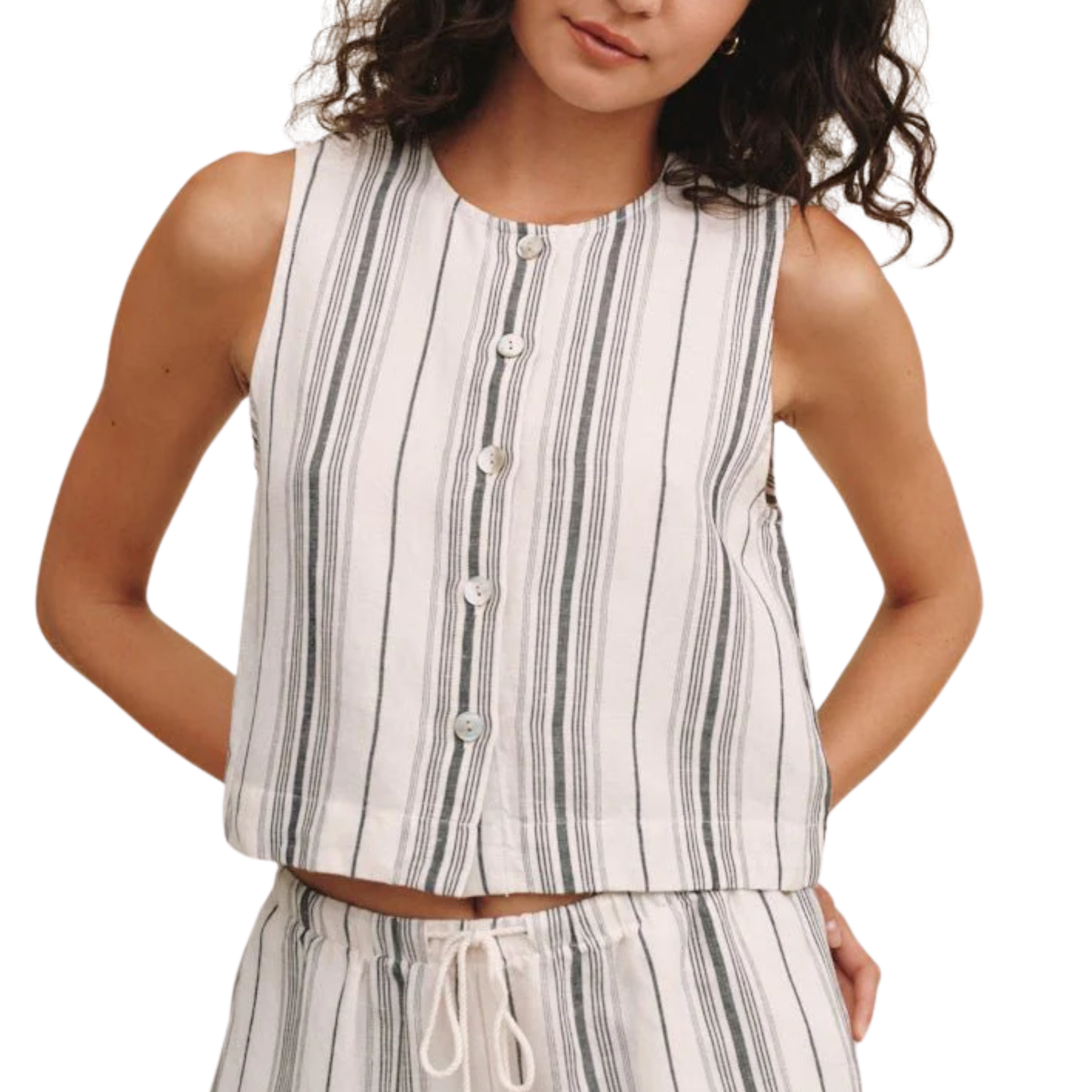 SLEEVELESS BUTTONDOWN FRONT TOP BOARDWALK STRIPE