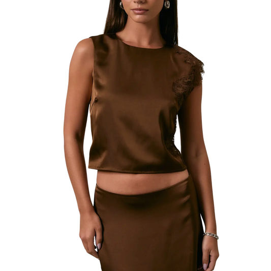 LACE TRIM TOP BROWN