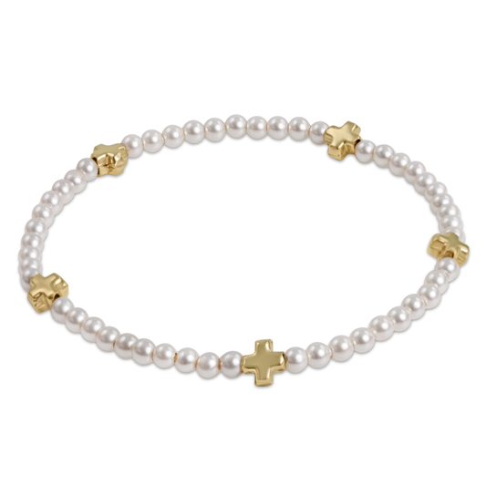 3MM SIGNATURE SMALL CROSS BRACELET PEARL/GOLD