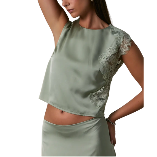 LACE TRIM TOP SAGE