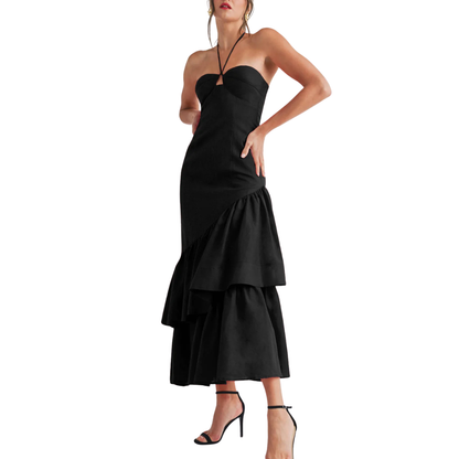 RUFFLE HALTER MAXI LINEN DRESS