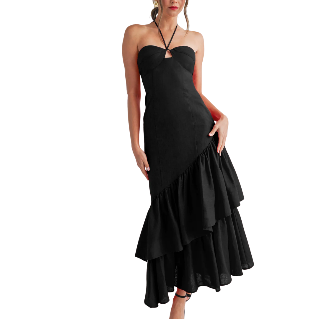 RUFFLE HALTER MAXI LINEN DRESS