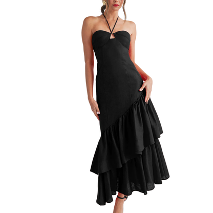 RUFFLE HALTER MAXI LINEN DRESS