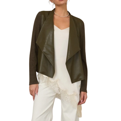 MIXED MEDIA LEATHER DRAPED JACKET OLIVE