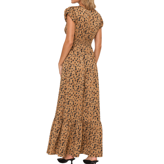LEOPARD SMOCKED MAXI DRESS