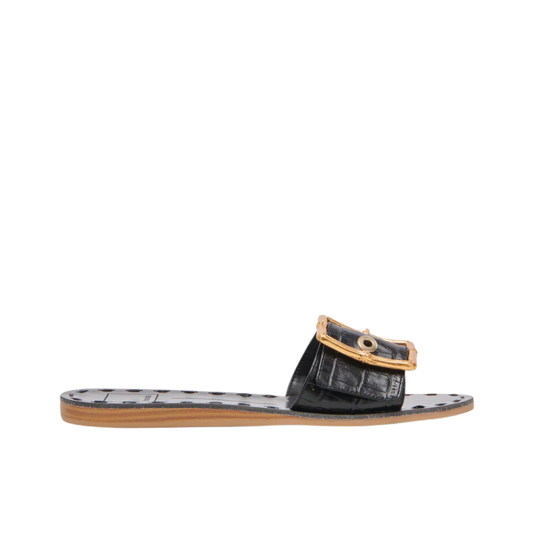 DASA BUCKLE FLAT SANDAL NOIR EMBOSSED LEATHER