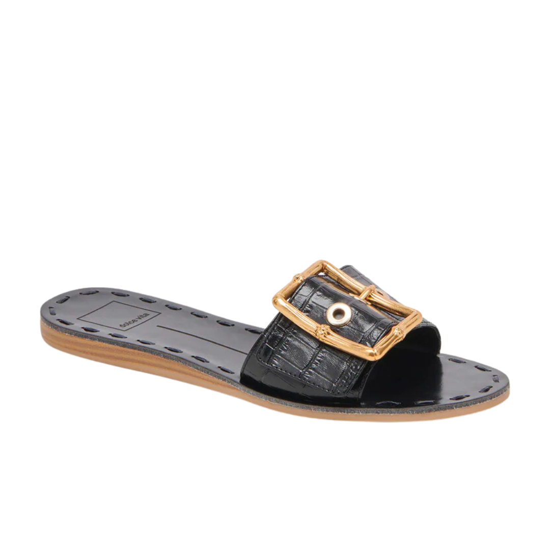 DASA BUCKLE FLAT SANDAL NOIR EMBOSSED LEATHER