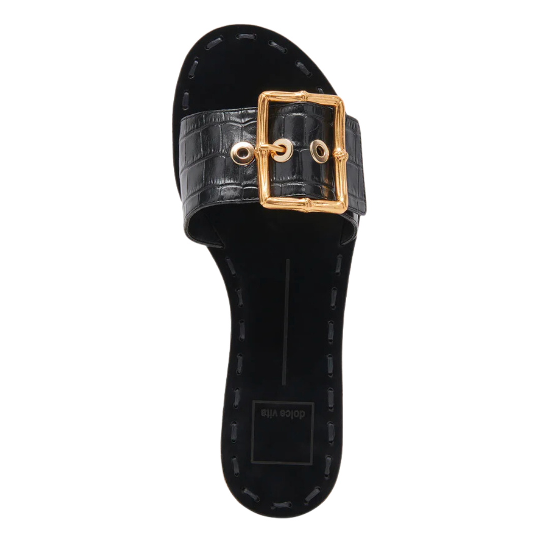 DASA BUCKLE FLAT SANDAL NOIR EMBOSSED LEATHER