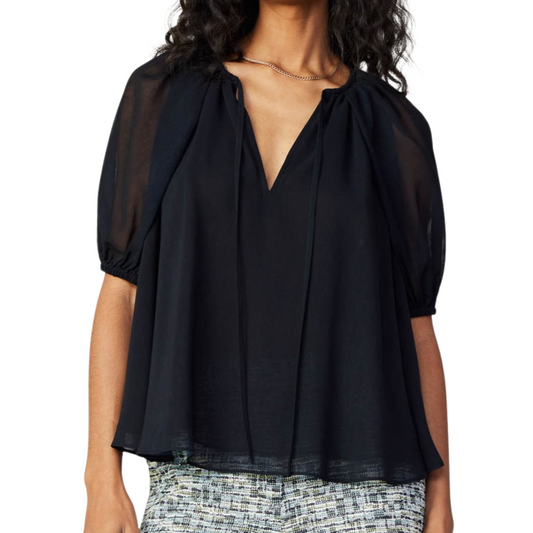 SHEER SLEEVE SPLIT NECK BLOUSE BLACK