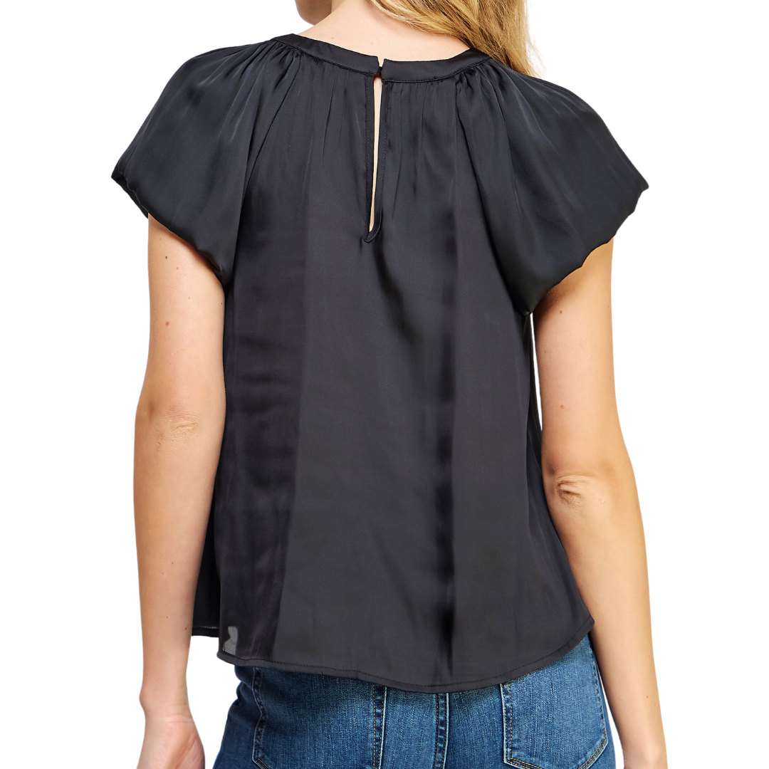 CAP SLEEVE SATIN TOP BLACK