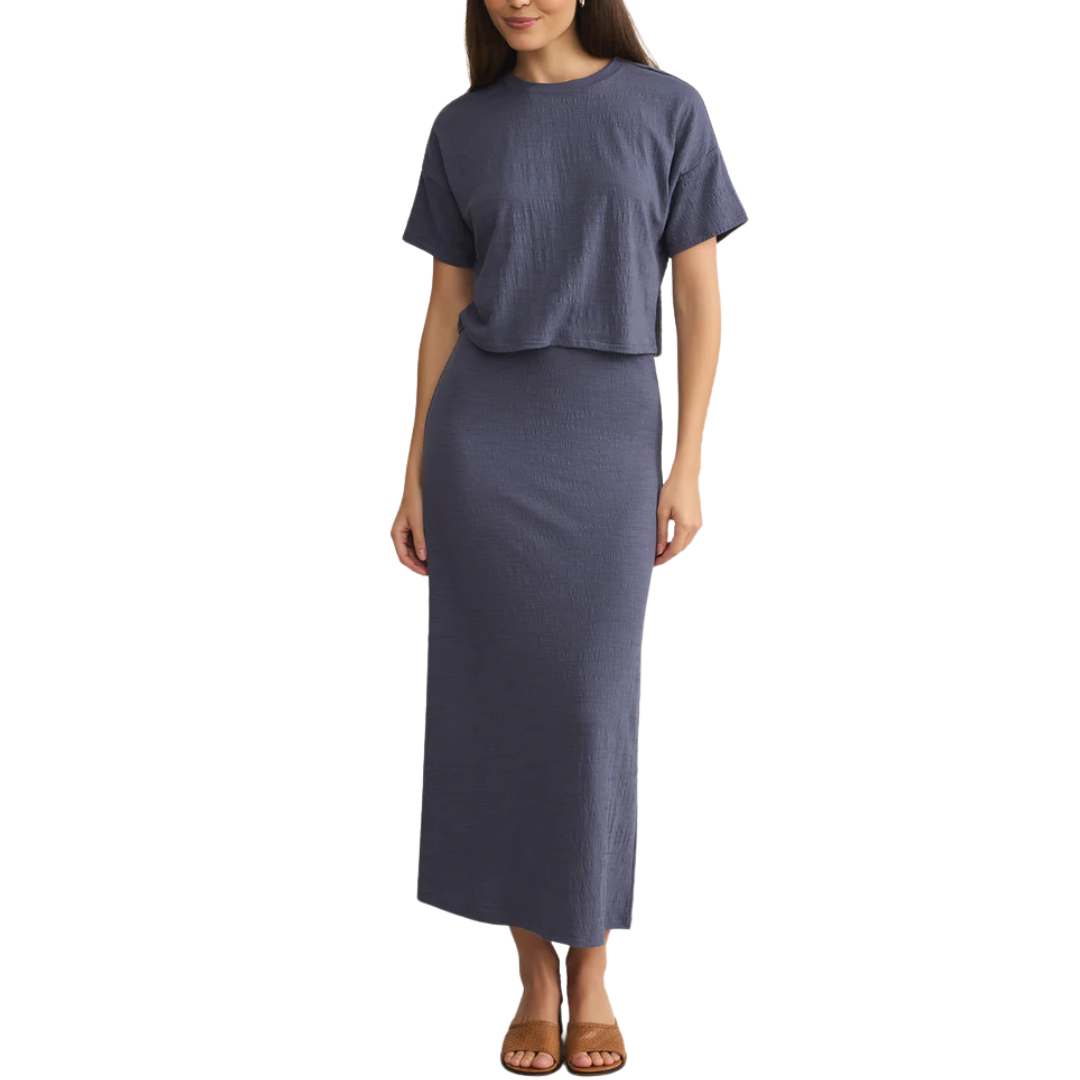 DELAVINE TEXTURED MIDI SKIRT WORN BLUE