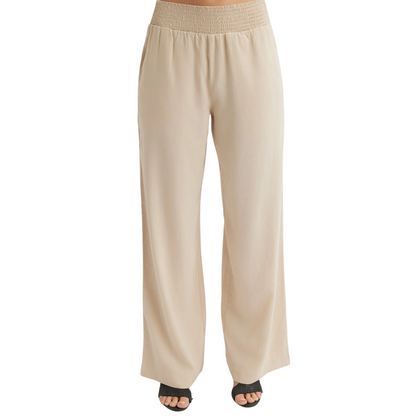 SMOCKED WAIST WIDE LEG PANT LINEN SAND