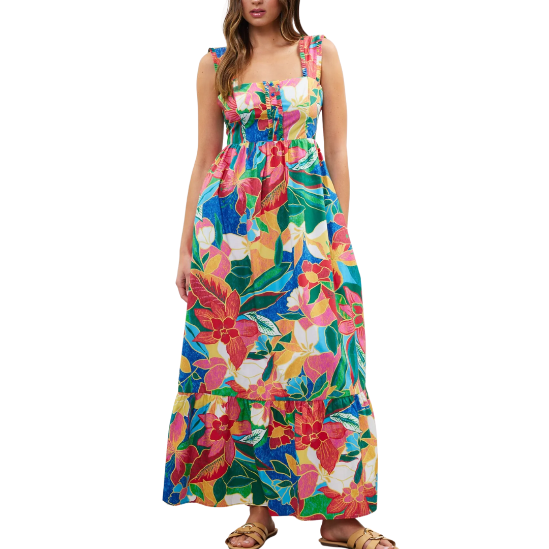 PRINTED RUFFLE MAXI DRESS RED