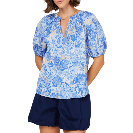 FLORAL PRINTED V-NECK TOP BLUE